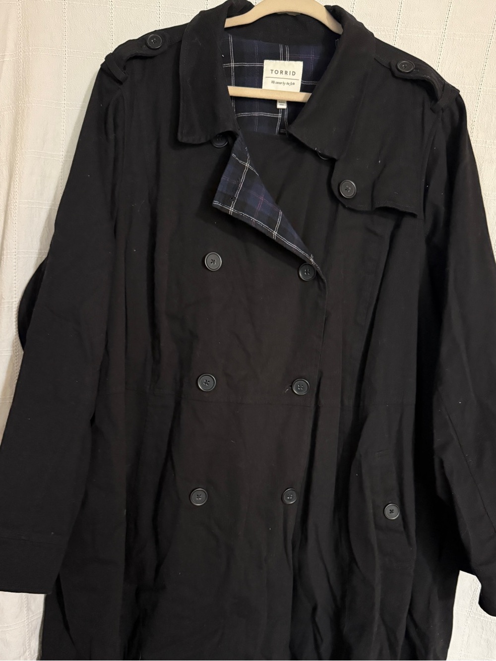 torrid Black Double-Breasted Trench Coat with Plaid Lining Accent